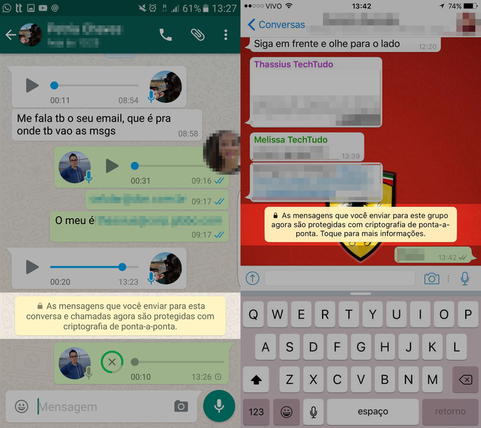 WhatsApp informa em grupos e chats individuais sobre mensagens criptografadas (Foto: Reprodução)
