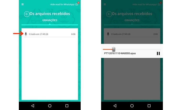 Reprodução de áudio via Hide Read for WhatsApp (Foto: Reprodução/Raquel Freire)