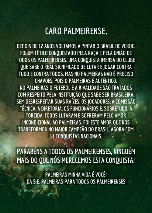 Carta de agradecimento do Palmeiras à torcida (Foto: Divulgação / Palmeiras)
