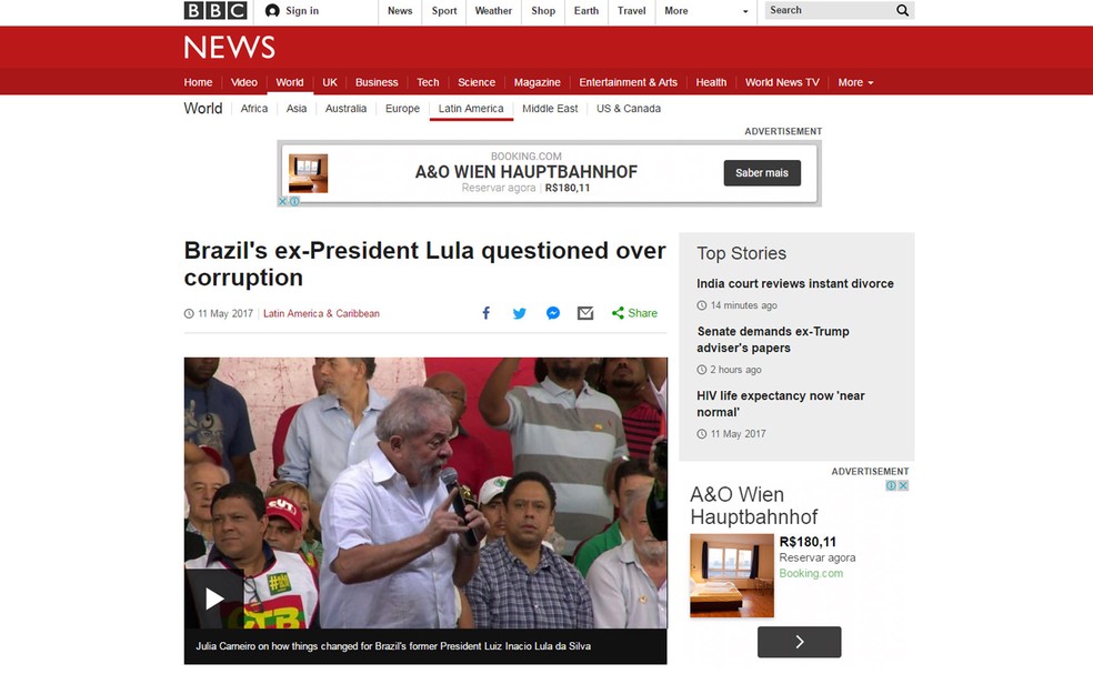Depoimento de Lula foi noticiado pela BBC  (Foto: Reprodução/BBC)