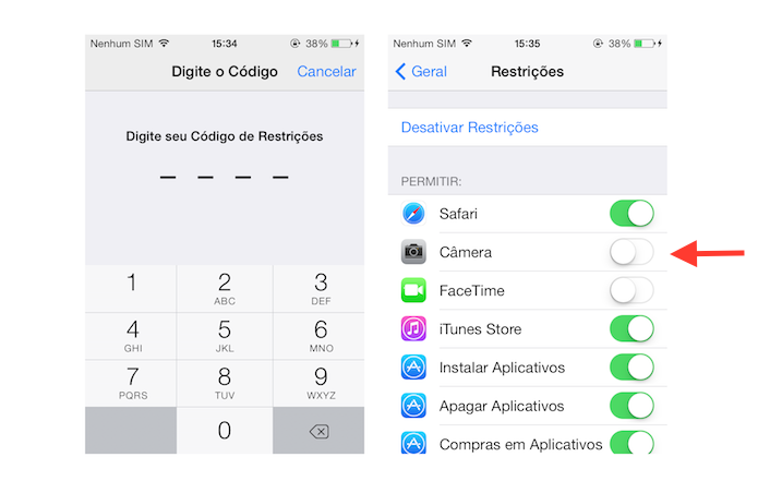 Desativando a câmera do dispositivo iOS através da restrições do sistema (Foto: Reprodução/Marvin Costa)