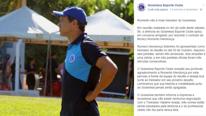 Goianésia anunciou saída de Romerito nas redes sociais (Foto: Reprodução/Facebook)