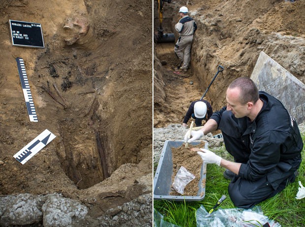 Funcionários do Instituto Nacional da Memória trabalham na retorada de restos mortais do cemitério militar em Varsóvia (Foto: Wojtek Radwanski/AFP)