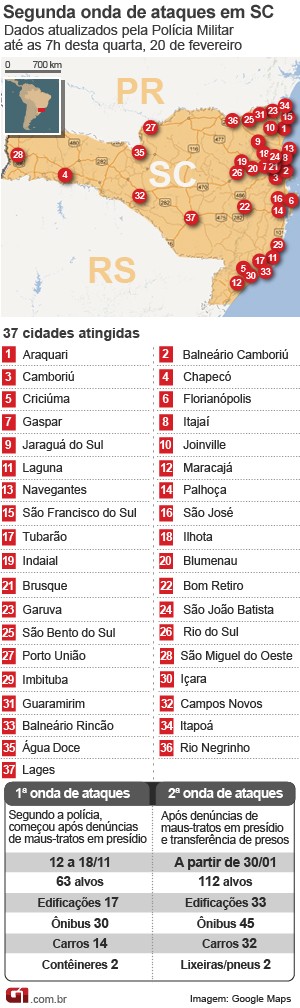 mapa de ataques em santa catarina 20 de fevereiro (Foto: Arte/G1)