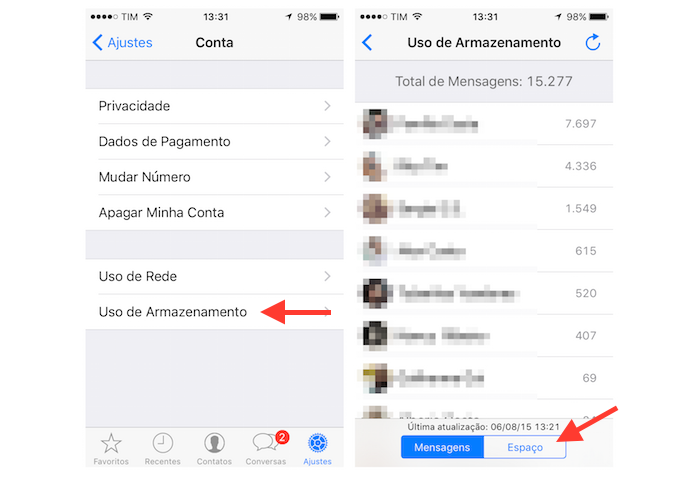 Acessando as opções de armazenamento para chats comuns e grupos do WhastApp para iPhone (Foto: Reprodução/Marvin Costa)