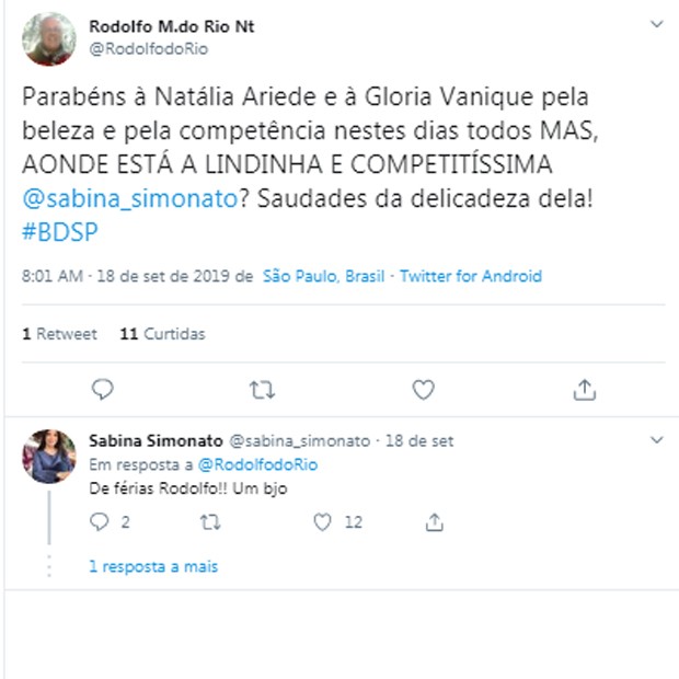 Público lamenta falta de Sabina Simonato (Foto: Reprodução/Twitter) Público lamenta falta de Sabina Simonato (Foto: Reprodução/Twitter)