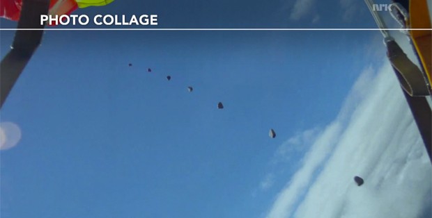 Imagem filmada por paraquedista mostra objeto caindo no céu; especialistas dizem que é meteoro (Foto: Reprodução/Youtube/NRK)
