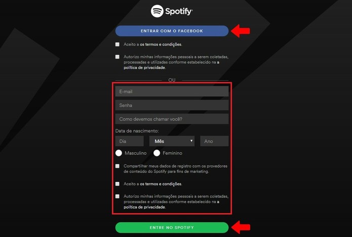 Preencha o formulário de cadastro no Spotify ou acesse usando o Facebook (Foto: Reprodução/Rodrigo Fernandes) Preencha o formulário de cadastro no Spotify ou acesse usando o Facebook (Foto: Reprodução/Rodrigo Fernandes)
