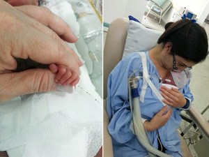 Montagem mostra detalhe da mão do recém-nascido e no colo da mãe, Carolina Procópio, em Jacareí, SP. (Foto: Divulgação/Hospital São Francisco)
