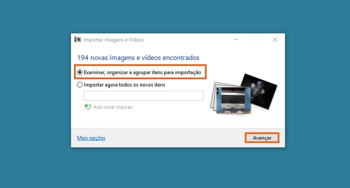 A primeira opção permite selecionar fotos e vídeos para a importação (Foto: Reprodução/Barbara Mannara)) A primeira opção permite selecionar fotos e vídeos para a importação (Foto: Reprodução/Barbara Mannara))