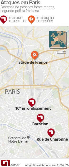 4 VALE ESTE - Ataques terroristas em Paris deixam mortos; houve explosões e há reféns (Foto: Arte/G1)