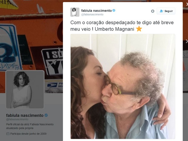 A atriz Fabiula Nascimento lamenta a morte de Umberto Magnani, seu colega de elenco na novela 'Velho Chico' (Foto: Reprodução/Twitter/fabiulanascimento) A atriz Fabiula Nascimento lamenta a morte de Umberto Magnani, seu colega de elenco na novela 'Velho Chico' (Foto: Reprodução/Twitter/fabiulanascimento)