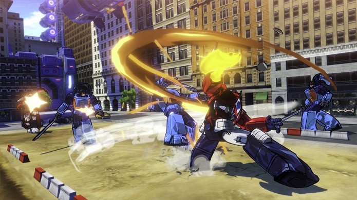Optimus Prime enfrenta hordas de decepticons com seu machado de energia (Foto: Reprodução/Gematsu)