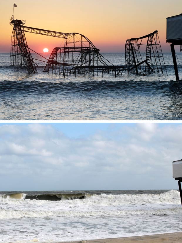 O local onde ficava a montanha-russa Jet Star do Casino Pier, em Seaside Heights, Nova Jersey. A atração foi destruída pelo furacão (Foto: Mel Evans/AP)