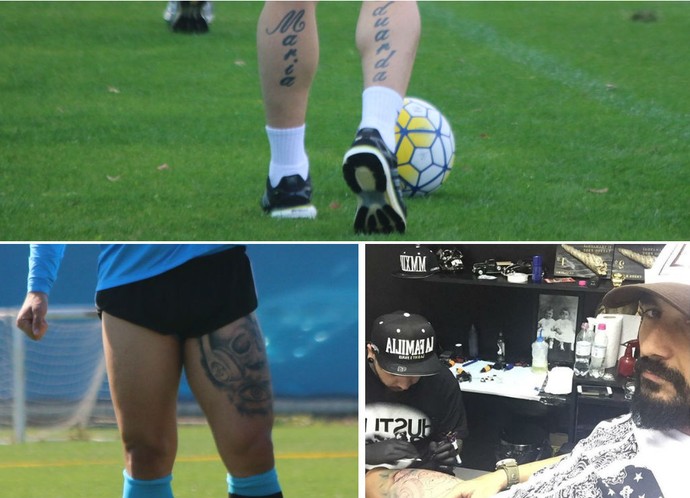 Montagem Douglas tatuagens tatuagem Grêmio (Foto: Montagem sobre fotos de Eduardo Moura e Divulgação)