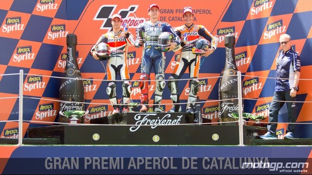 Jorge Lorenzo, Dani Pedrosa e Marc Marquez no pódio do GP da Catalunha (Foto: Divulgação MotoGP)