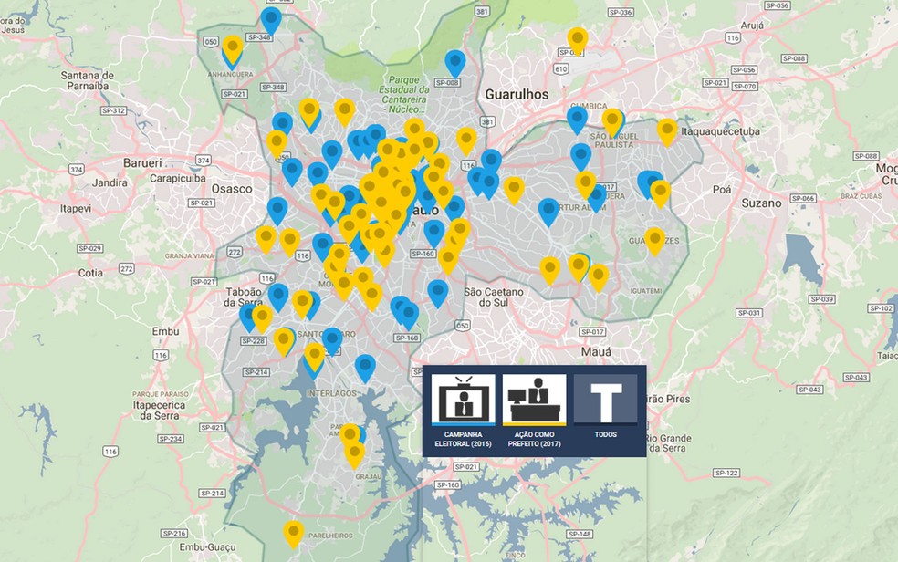 Mapa mostra por onde João Doria passou na campanha eleitoral de 2016 (em azul) e em agendas como prefeito em 2017 (em amarelo) (Foto: Editoria de Arte/G1)