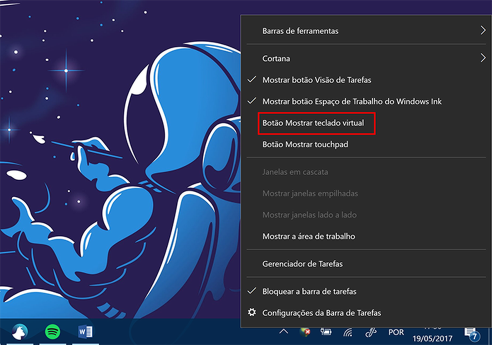 Clique para mostrar teclado virtual do Windows 10 (Foto: Reprodução/Elson de Souza)