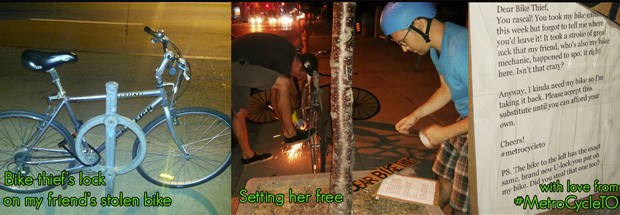 Sequência mostra 'resgate' de bicicleta roubada e a carta deixada ao ladrão (Foto: Reprodução/Facebook/MetroCycle TO)