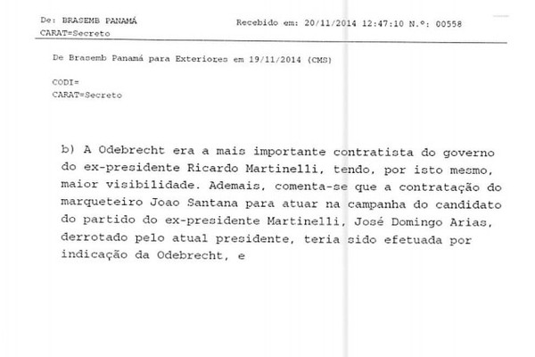 Trecho de telegrama secreto enviado pelo Itamaraty. Odebrecht indicou João Santana para fazer a campanha do ex-presidente do Panamá, Ricardo Martinelli (Foto: Reprodução)