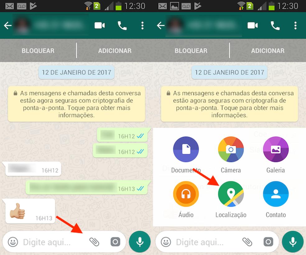 Ação para iniciar a ferramenta de compartilhamento de localização no WhatsApp para Android (Foto: Reprodução/Marvin Costa)
