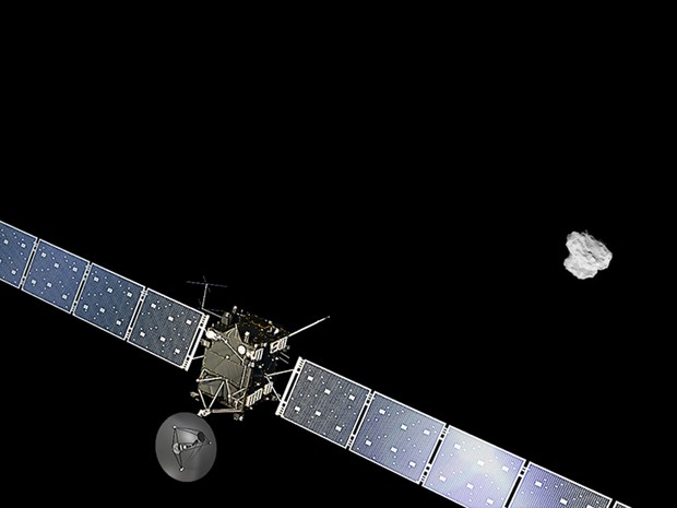  Ilustração da Sonda Rosetta se aproximando do cometa 67P/Churyumov-Gerasimenko (Foto:  Spacecraft: ESA/ATG medialab; Comet image: ESA/Rosetta/NavCam – CC BY-SA IGO 3.0)