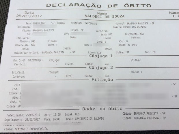 Atestado de óbito comprova causa da morte do marceneiro. (Foto: Arquivo Pessoal/Valéria de Souza) Atestado de óbito comprova causa da morte do marceneiro. (Foto: Arquivo Pessoal/Valéria de Souza)