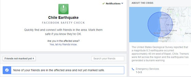 Ferramenta do Facebook permite que internautas avisem sobre seu estado após o terremoto no Chile (Foto: Reprodução/Facebook)