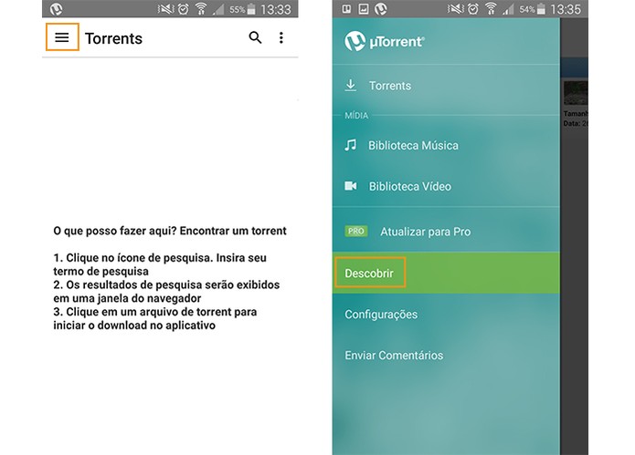 Acesse o menu lateral do uTorrent no Android (Foto: Reprodução/Barbara Mannara)