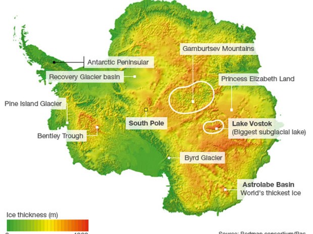 A Terra da Princesa Elizabeth (Princess Elizabeth Land, no mapa em inglês) é uma das áreas menos exploradas da Antártida, e novo foco dos times internacionais de cientistas (Foto: BBC/bedmap consortium/Bas)