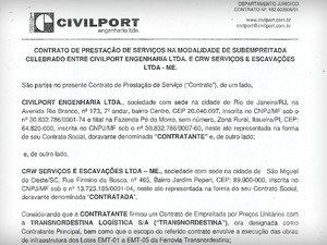 Contrato entre a CivilPort e a empresa de terraplenagem de Ênio  (Foto: Ênio Wendling/Arquivo Pessoal)