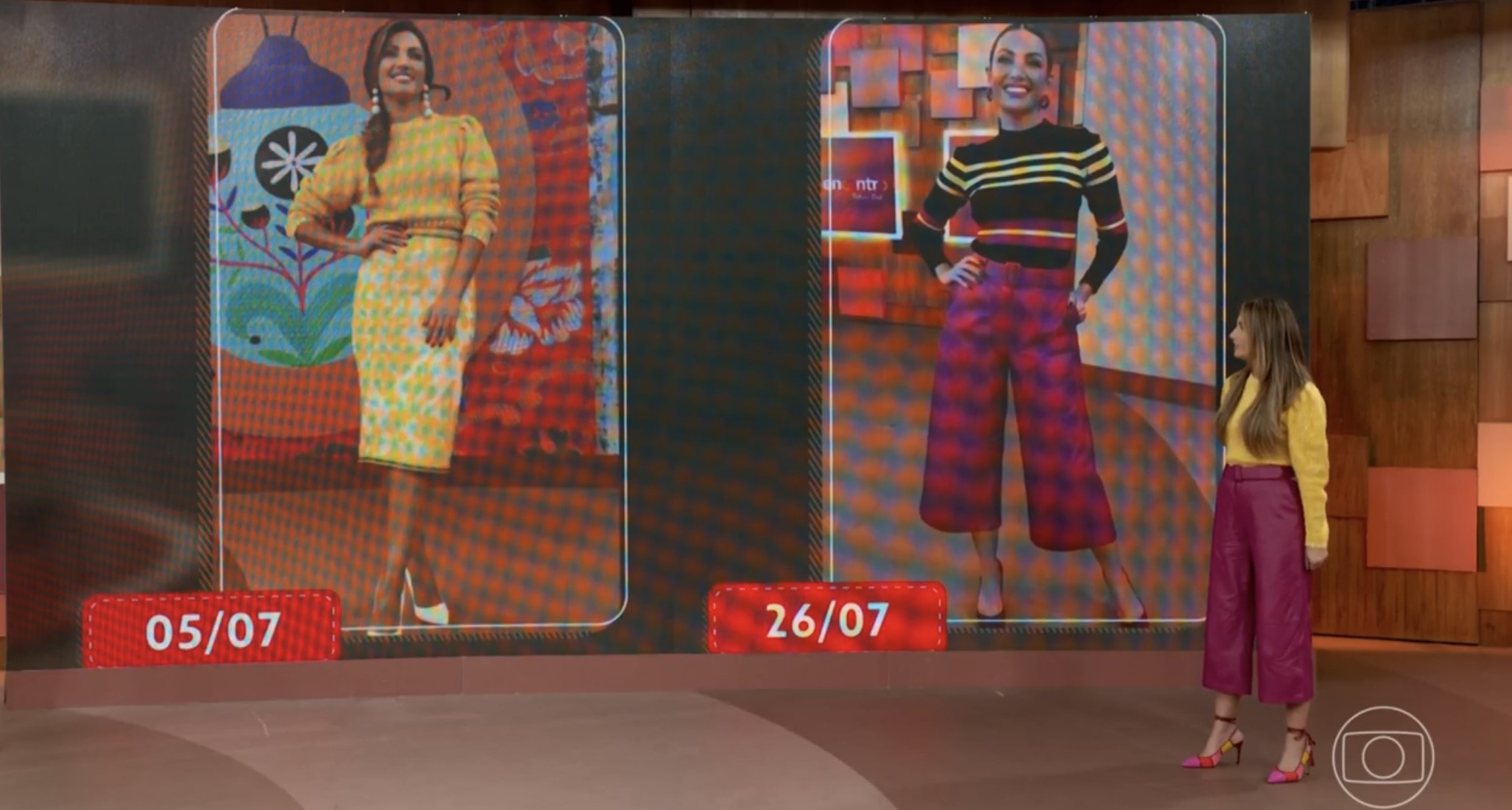 Patricia Poeta prova que já usou a blusa e a calça em outras ocasiões (Foto: TV Globo/Divulgação) Patricia Poeta prova que já usou a blusa amarela e a calça roxa em outras ocasiões (Foto: TV Globo/Divulgação)