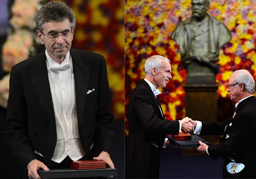 À esquerda, Robert J. Lefkowitz; à direita, Brian K. Kobilka. Os pesquisadores, ambos norte-americanos, receberam o Prêmio Nobel de Química (Foto: Jonathan Nackstrand/AFP e Henrik Montgomer/AP)
