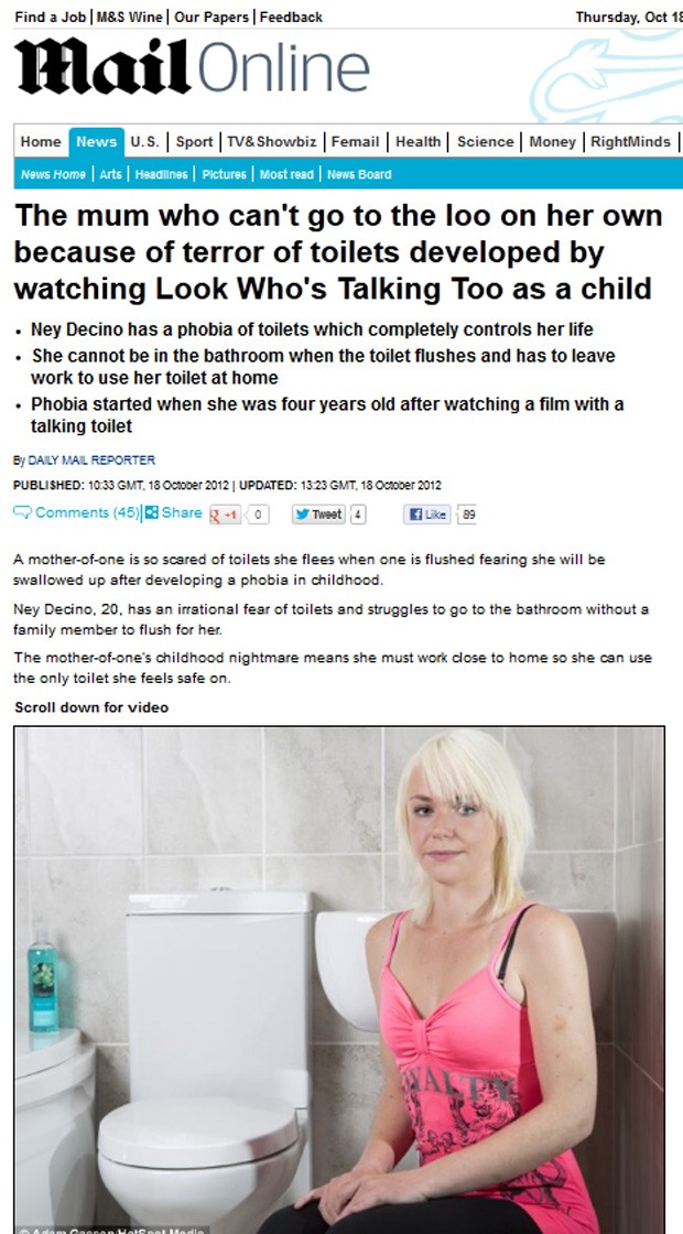 Desde que assistiu ao filme, mulher desenvolveu fobia de privadas (Foto: Reprodução/Daily Mail)