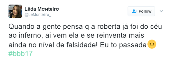 Tuíte Roberta (Foto: Reprodução Twitter/@LeMonteiiiro_) Tuíte Roberta (Foto: Reprodução Twitter/@LeMonteiiiro_)