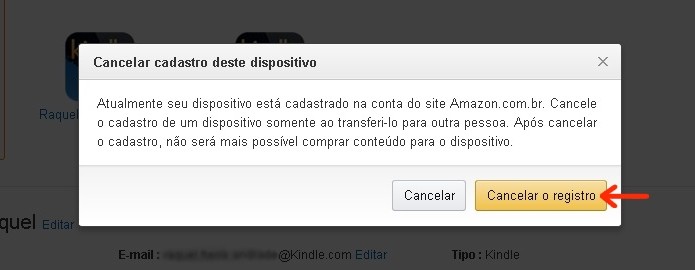 Caixa de confirmação de cancelamento do registro do Kindle (Foto: Reprodução/Raquel Freire)