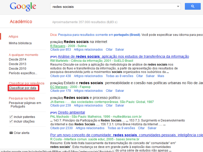 Classificação dos resultados do Google Acadêmicos por datas (Foto: Reprodução/Lívia Dâmaso)