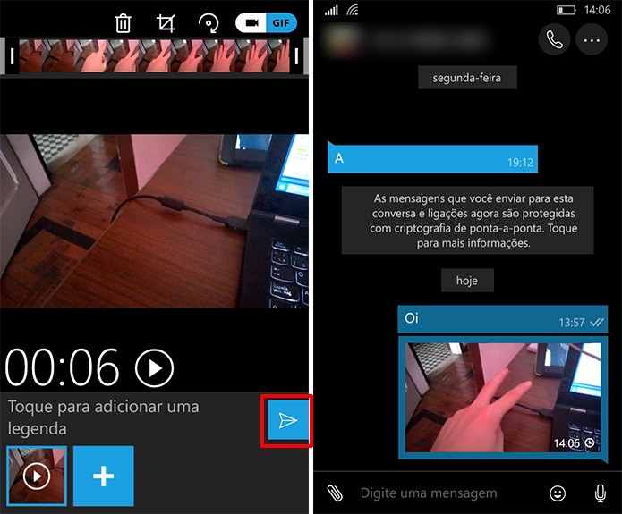 Toque no botão de enviar para compartilhar GIF no WhatsApp para Windows Phone (Foto: Reprodução/Elson de Souza)