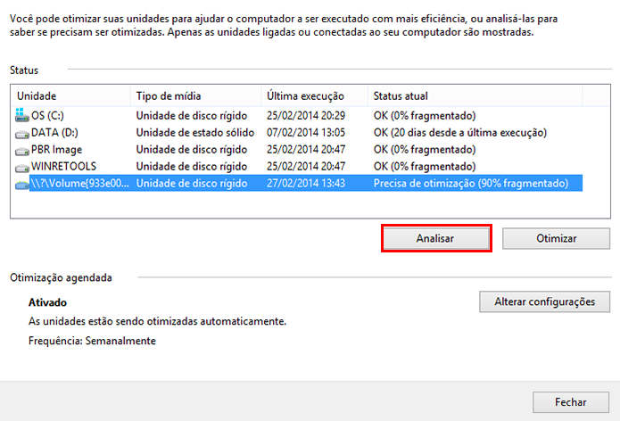 Clique em analisar para avaliar o nível de fragmentação das unidades de disco (Foto: Reprodução/Paulo Alves)