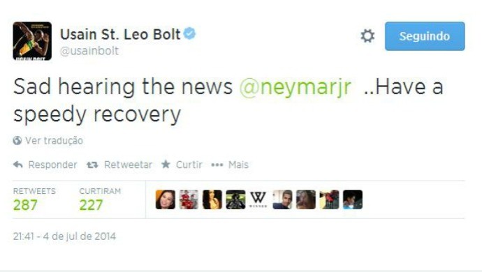 bolt lamenta lesão de neymar (Foto: Reprodução/Twitter) bolt lamenta lesão de neymar (Foto: Reprodução/Twitter)
