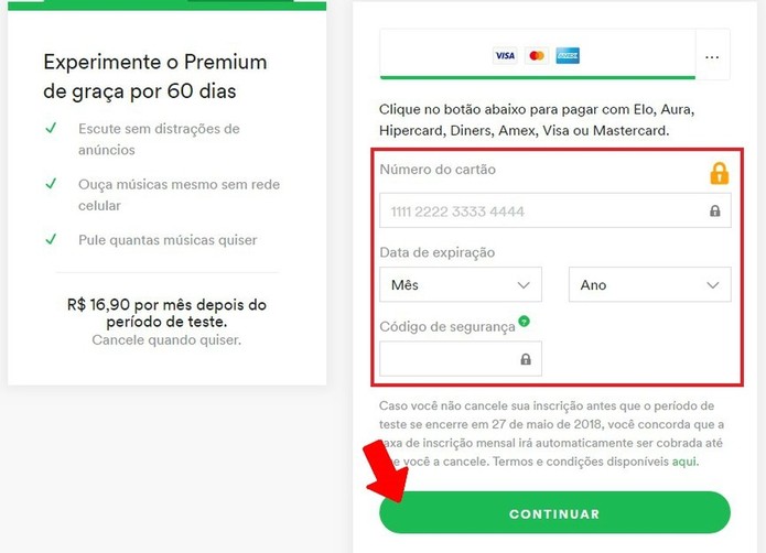 Informe os dados bancários para assinar plano Premium do Spotify (Foto: Reprodução/Rodrigo Fernandes) Informe os dados bancários para assinar plano Premium do Spotify (Foto: Reprodução/Rodrigo Fernandes)