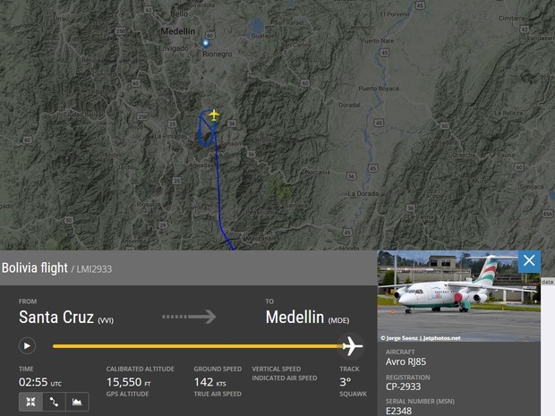 Site Flight Radar 24h mostra o acompanhamento do voo do Chapecoense que caiu na Colômbia; pilotos deram duas voltas em círculo no ar antes da queda (Foto: Reprodução)