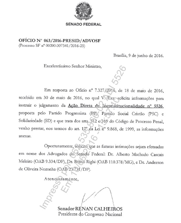 Ofício assinado pelo presidente do Senado, Renan Calheiros (PMDB-AL), enviado ao STF  (Foto: Reprodução)