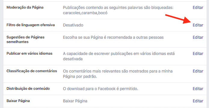 Acesso ao filtro de linguagem ofensiva em uma página do Facebook (Foto: Reprodução/Marvin Costa)