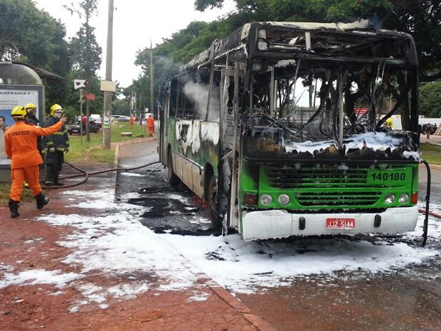 Ônibus ficou destruído após passageiros colocarem fogo no veículo (Foto: Diogo André / TV Globo)