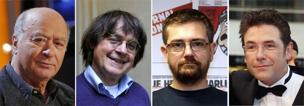Fotos de arquivo mostram cartunistas da equipe da revista 'Charlie Hebdo' mortos no ataque. Da esquerda para a direita: Georges Wolinski (em 2006), Jean Cabut - o Cabu (em 2012), Stephane Charbonnier - o Charb (em 2012) e Tignous (em 2008) (Foto: Bertrand Guay, François Guillot, Guillaume Baptiste/AFP)