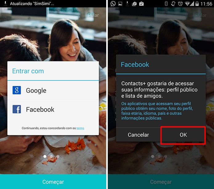 Contacs+ pode ter conta criada a partir do Gmail ou do Facebook (Foto: Reprodução/Elson de Souza)