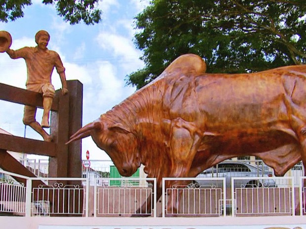 Após polêmicas, estátua ‘Boi sem coração’ agrada em Ouro Fino, MG (Foto: Reprodução EPTV)