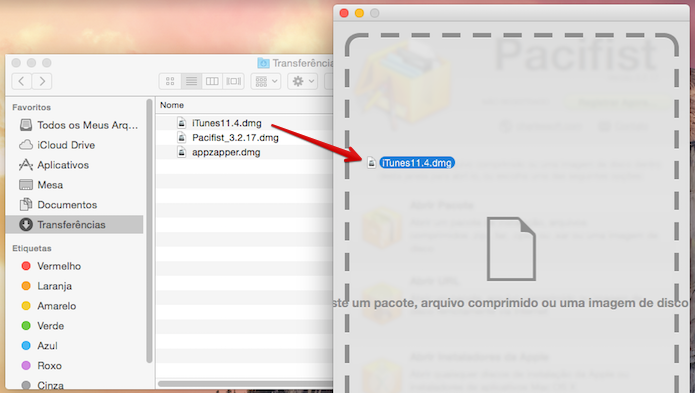 Arraste o arquivo de instalação do iTunes 11 para a janela do app (Foto: Reprodução/Helito Bijora) 