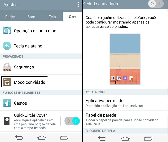 O recurso Modo Convidade restringe os aplicativos que estarão disponíveis para serem usados no LG G3 (Foto: Reprodução/Lucas Mendes) O recurso Modo Convidade restringe os aplicativos que estarão disponíveis para serem usados no LG G3 (Foto: Reprodução/Lucas Mendes)